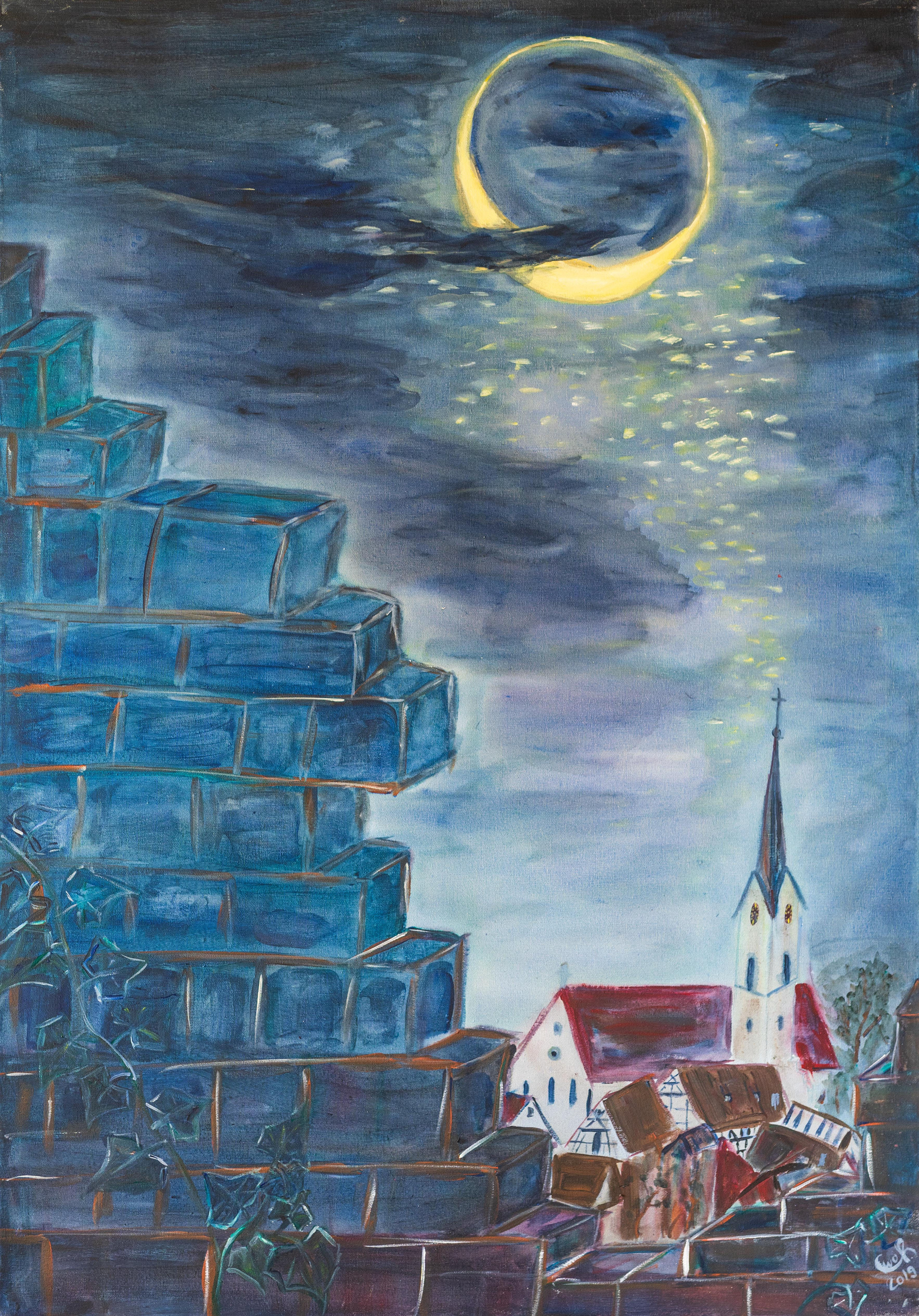 Nächtliches Bild eines Dorfes mit Kirchturm unter blauem Himmel mit Sichelmond, im Vordergrund treppenartige blaue Formen