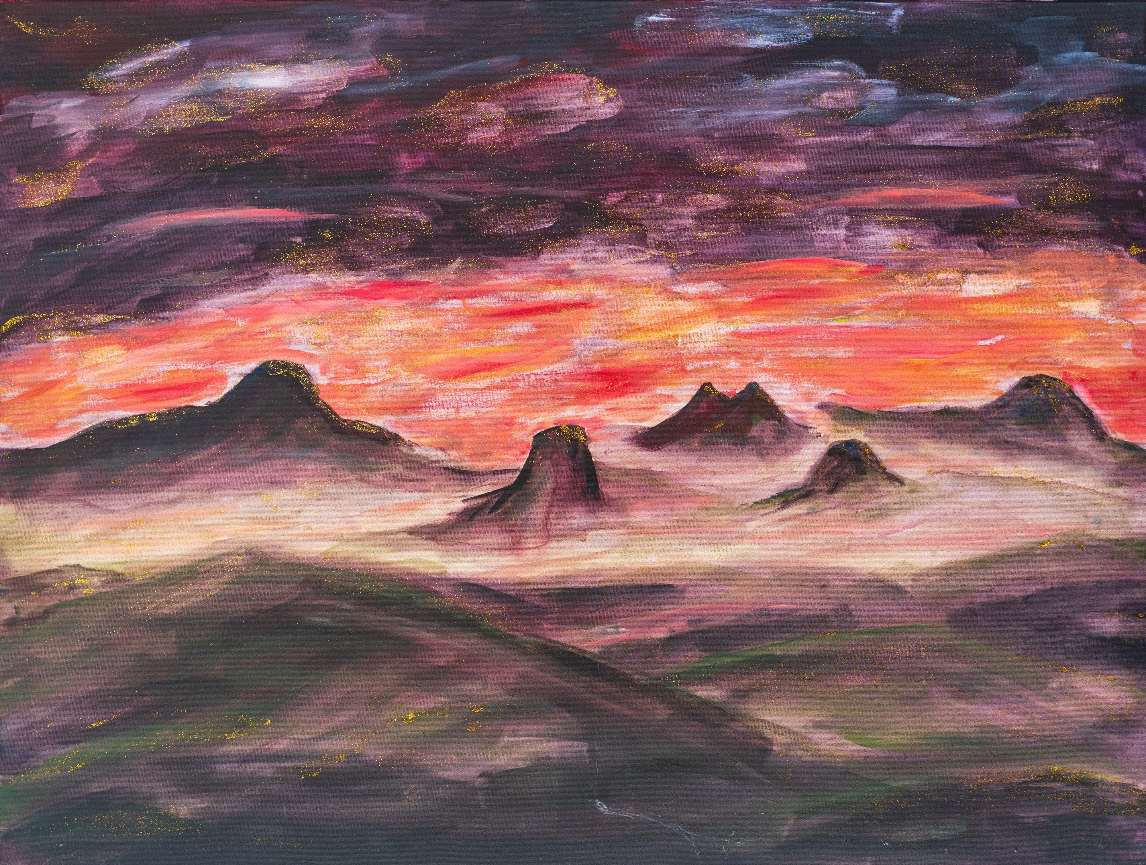 Gemälde einer Berglandschaft im Abendrot mit violettem und orangefarbenem Himmel