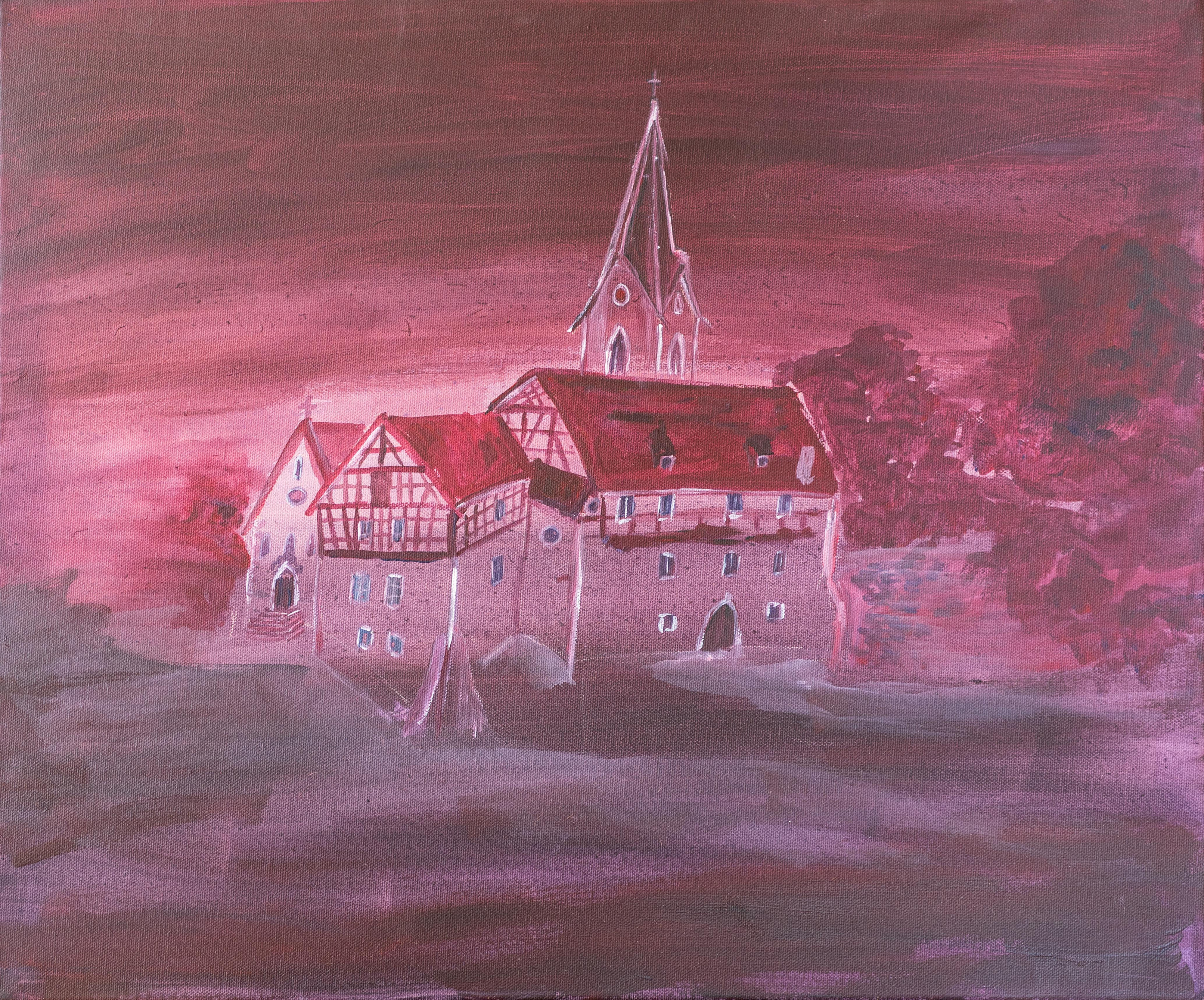 Gemälde einer Fachwerkkirche in Rosa- und Violetttönen bei Nacht