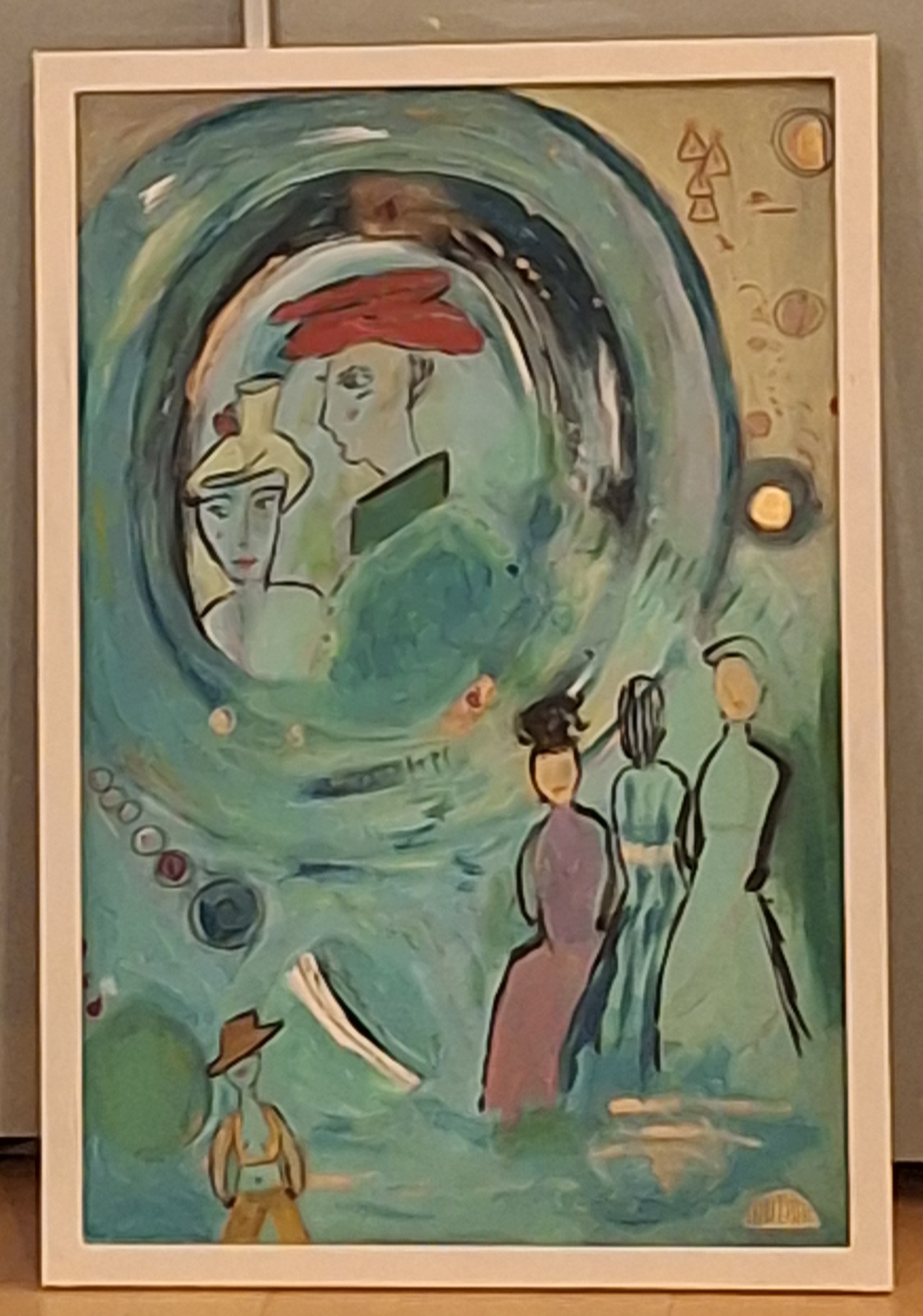 Collageartiges Gemälde mit vier stilisierten Gesichtern in Grün, Rot, Blau und Pink