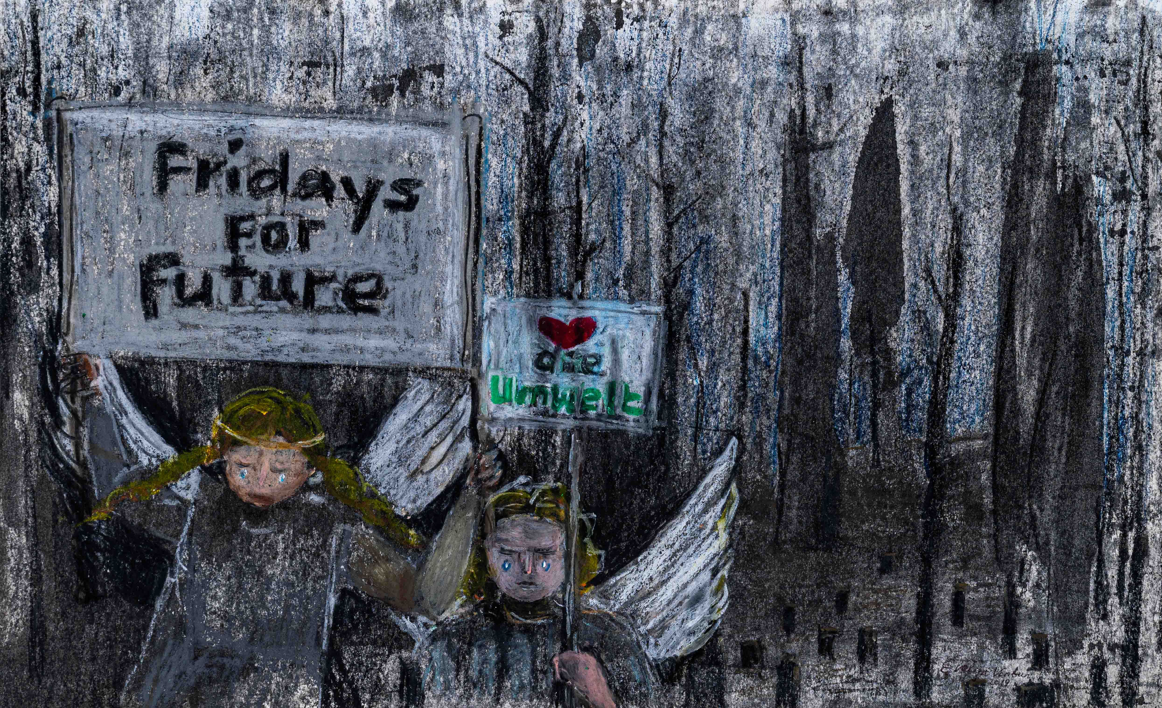 Pastellzeichnung zweier weinender Engel mit Schildern „Fridays For Future" und „Liebe die Umwelt" vor dunklem Wald
