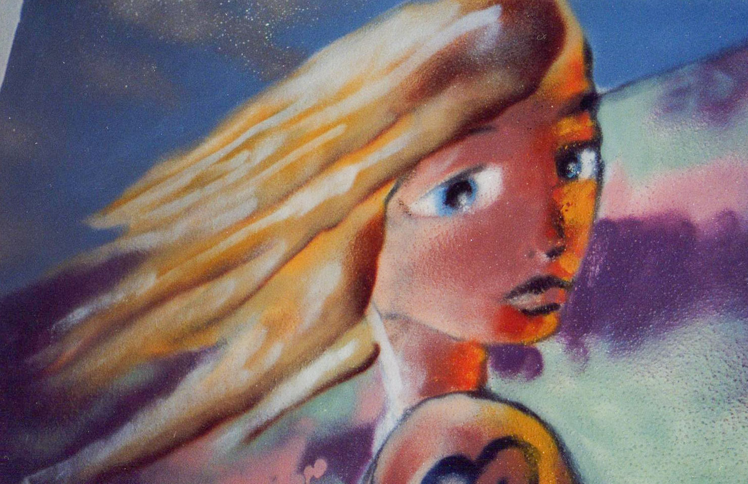 Gemälde einer blonden Frau im Profil vor violettem Hintergrund