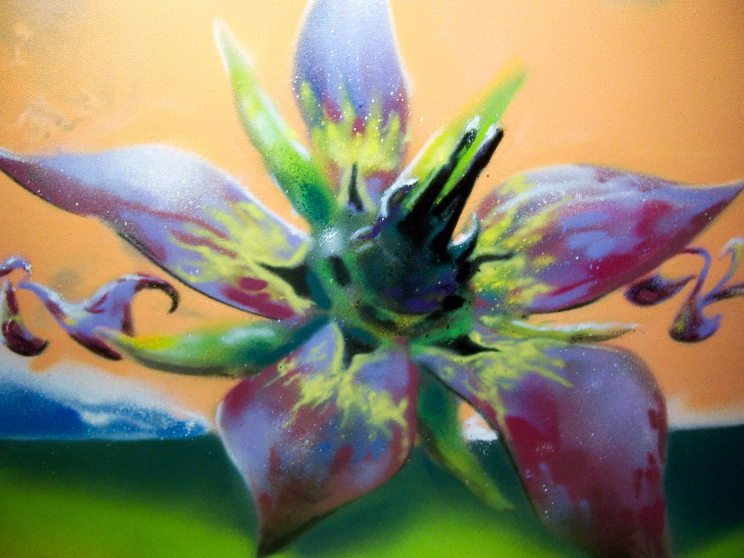 Nahaufnahme einer gesprühten Blüte in Violett und Grün vor orangefarbenem Hintergrund