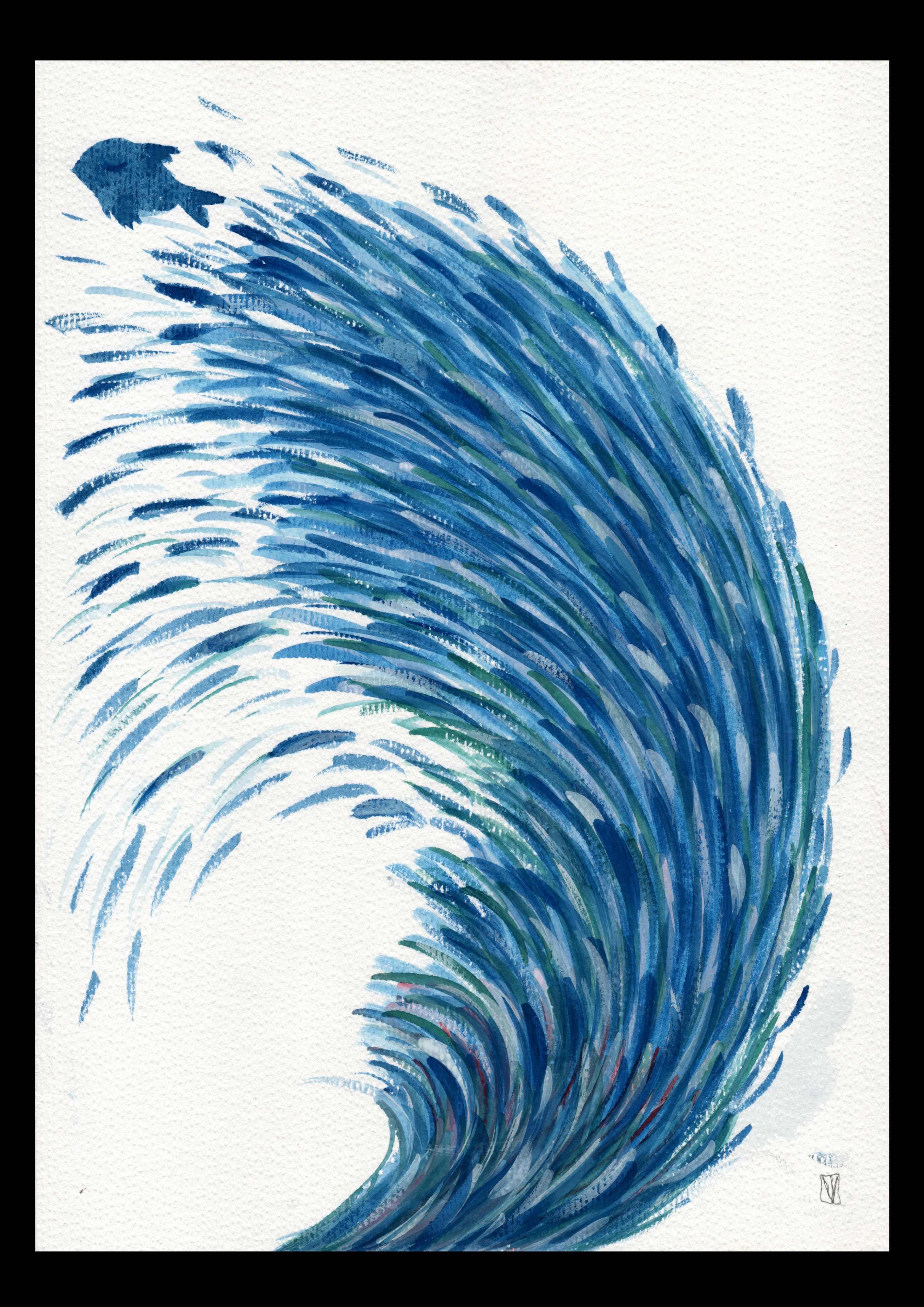 Aquarell einer sich hochwölbenden blaugrünen Welle aus vielen einzelnen Pinselstrichen, oben links springt ein dunkler Fisch aus dem Wasser