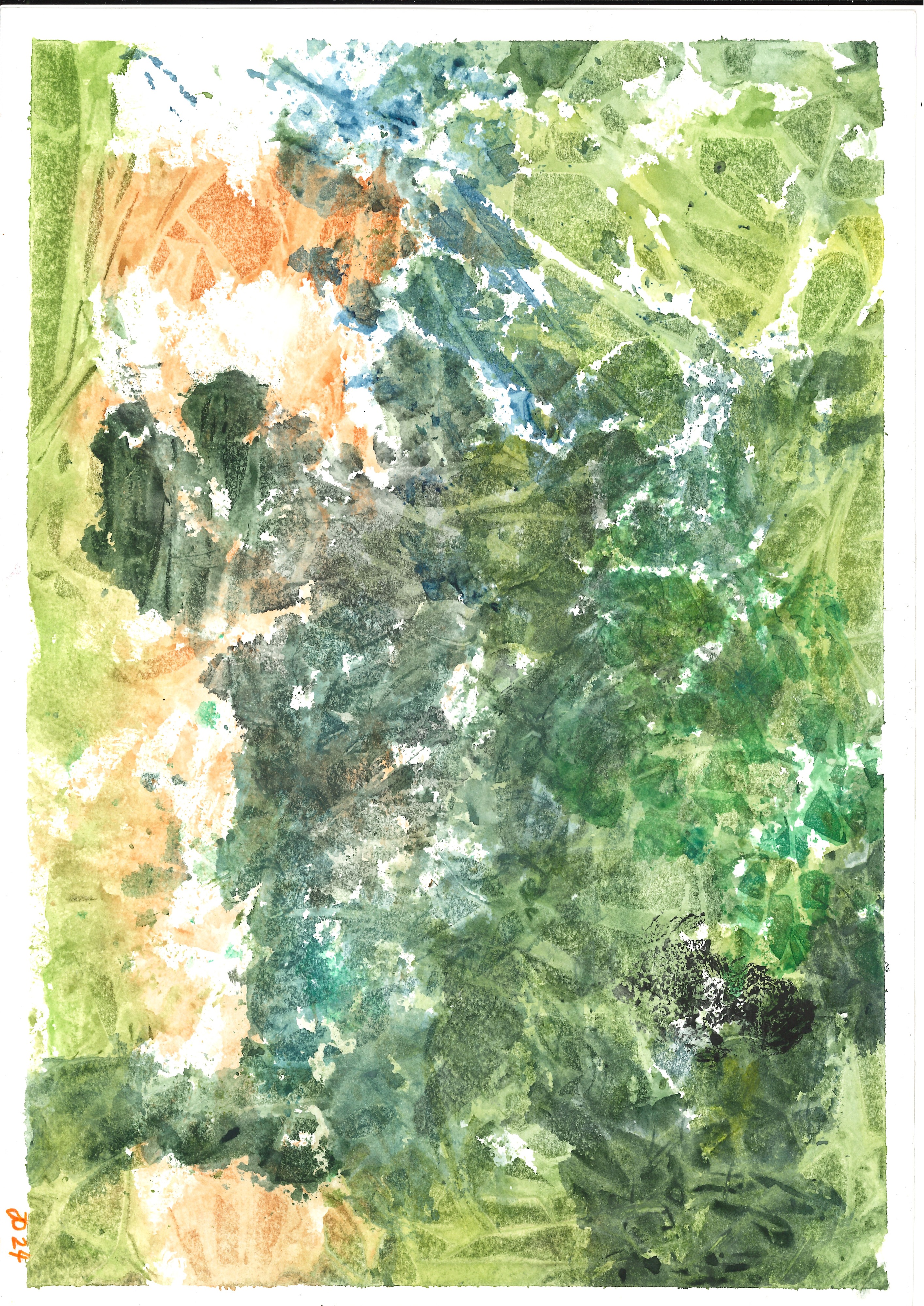 Abstraktes Aquarell in dichten Grün- und Ockertönen mit einem blauen Lichteinfall oben, an dichtes Blattwerk erinnernd.