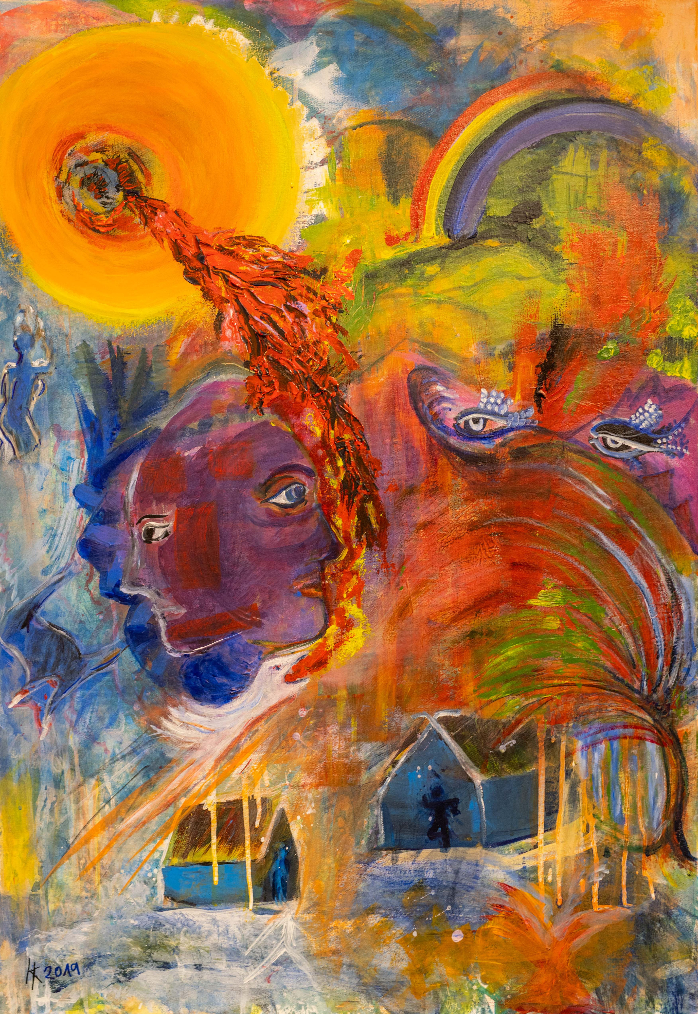 Expressionistisches Gemälde mit Sonne, Regenbogen und flammendem Gesicht