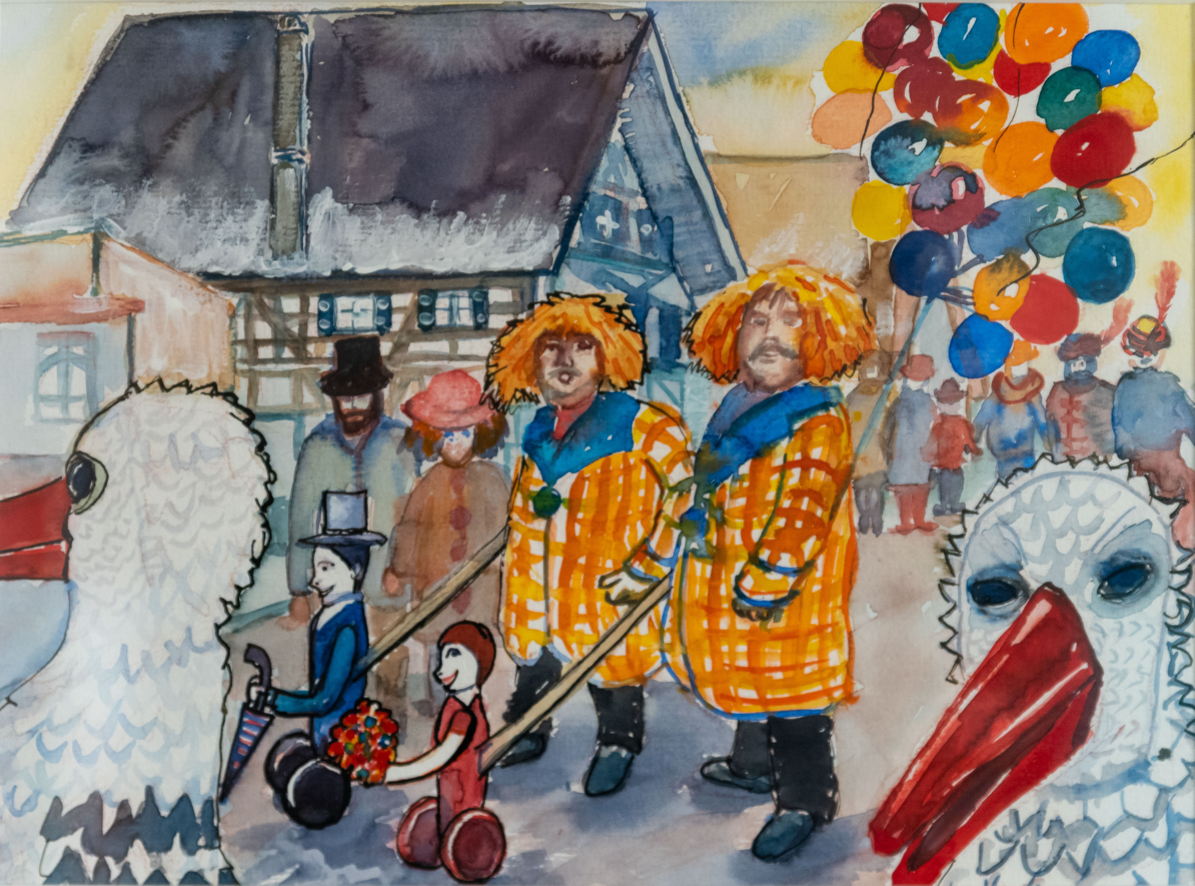 Aquarell einer Fasnachtsumzugsszene