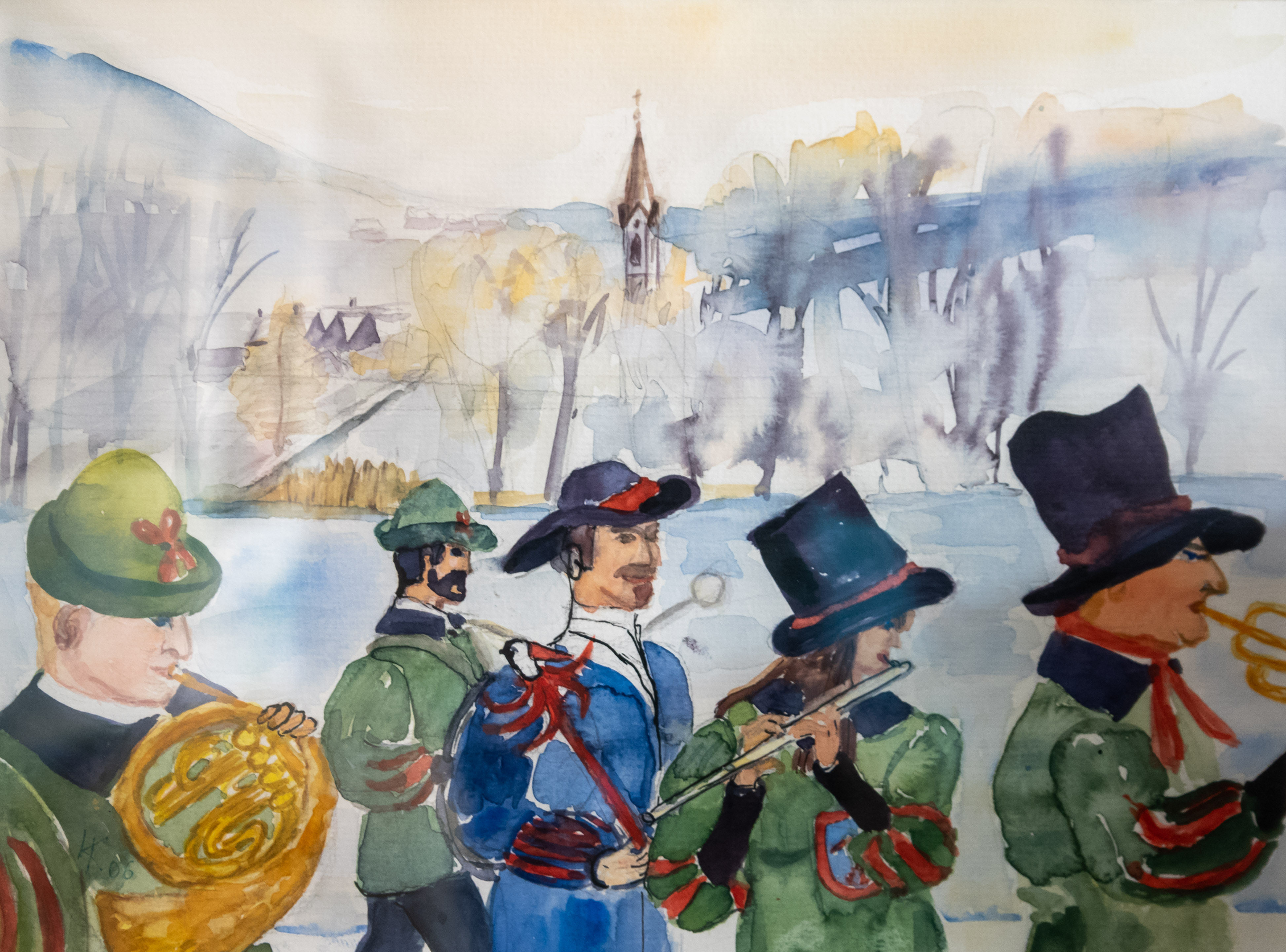 Aquarell einer Musikkapelle in historischen Trachten