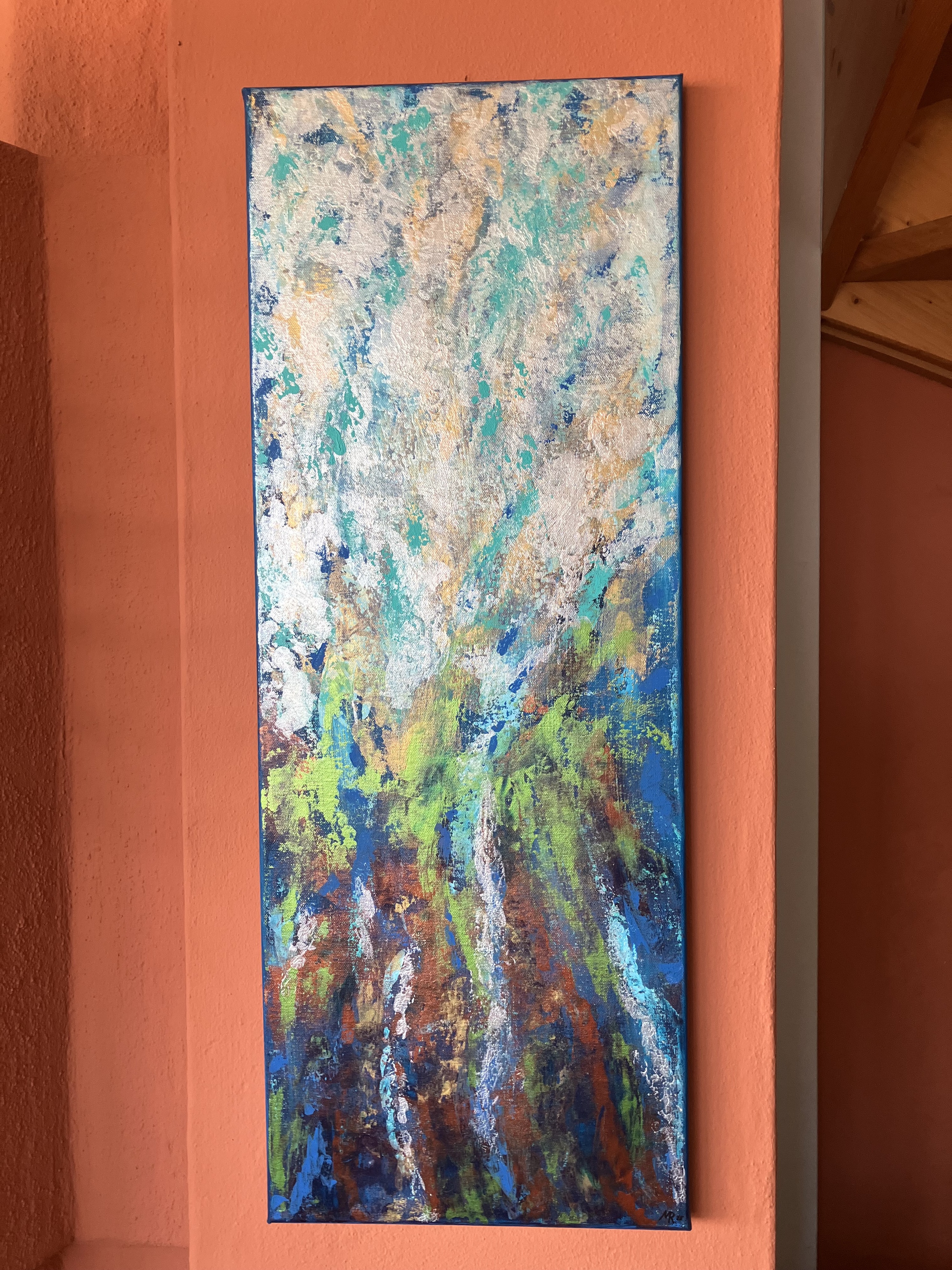 Abstraktes Acrylgemälde mit diagonaler Komposition in Türkis, Grün und Rostrot