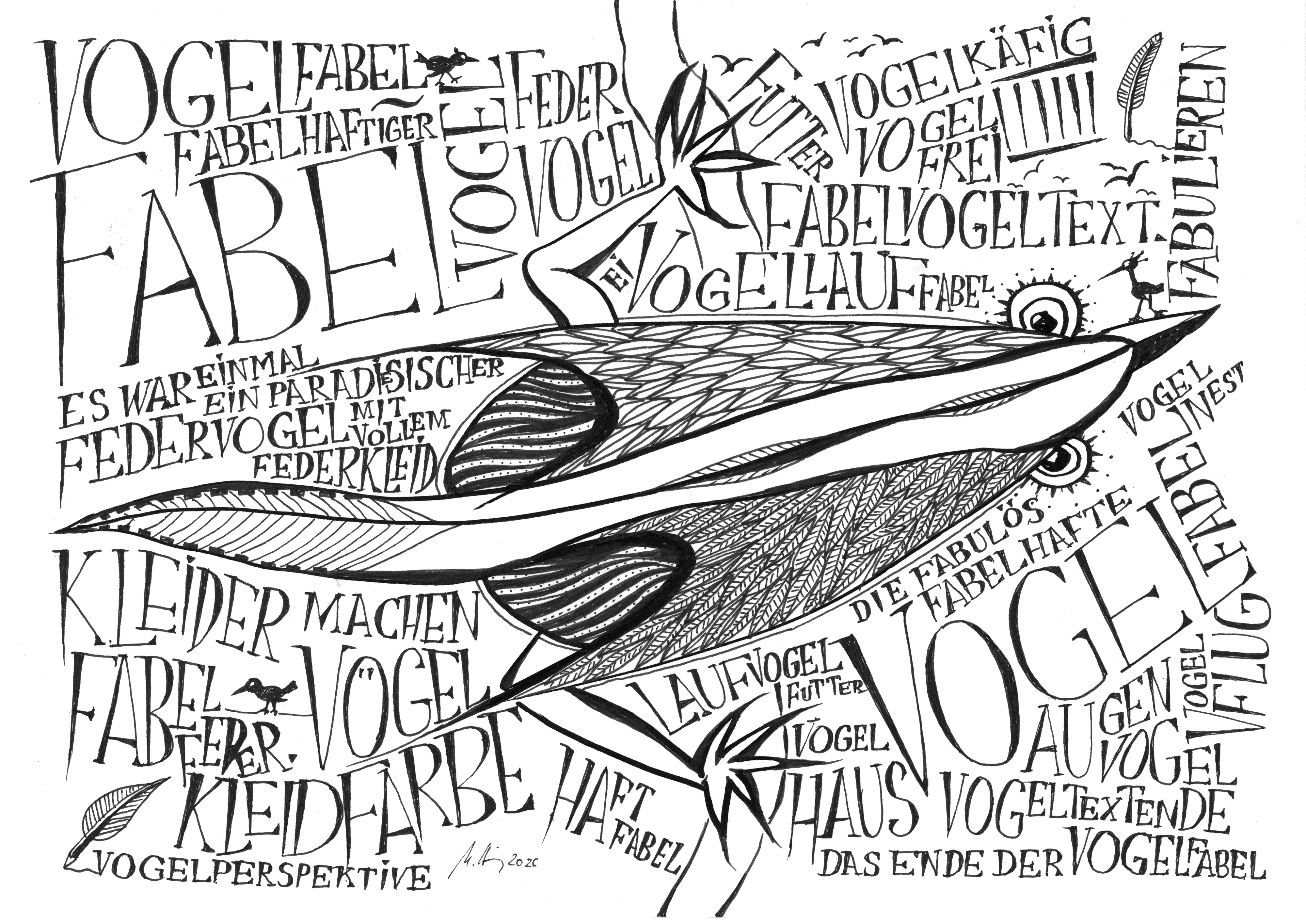 Kalligrafische Tuschezeichnung, komplett aus handgeschriebenen Wörtern rund um „Fabel“ und „Vogel“ aufgebaut, die gemeinsam die Silhouette eines großen gefiederten Vogelkopfes mit Auge bilden