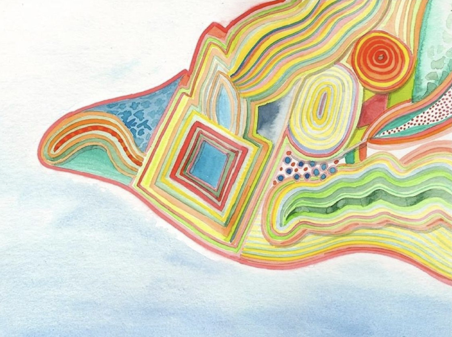 Aquarell mit ineinander verschachtelten bunten Streifen- und Kreismustern in Rot, Gelb, Grün und Blau