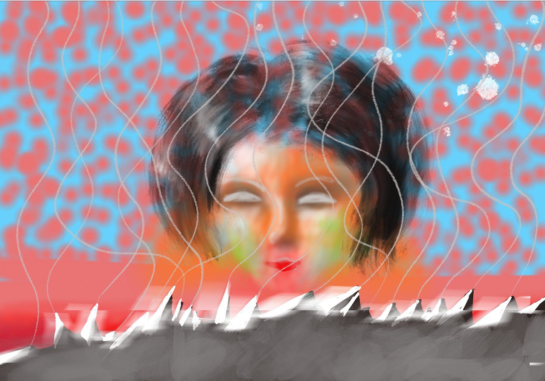 Digitale Illustration eines Gesichts mit geschlossenen Augen vor gepunktetem Muster, durchzogen von wellenförmigen Linien