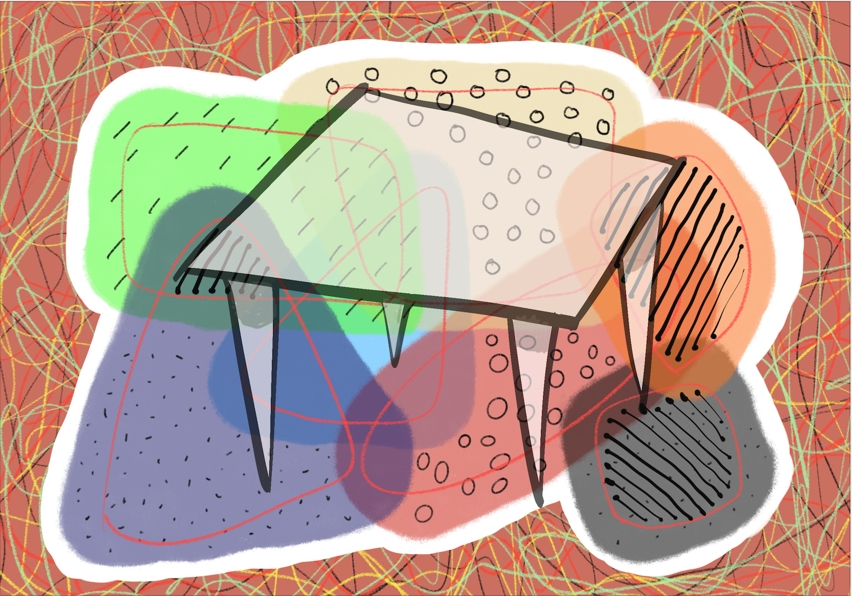 Digitale Collage eines Tisches mit dünnen Beinen vor transparenten farbigen Flächen und feinen Musterelementen