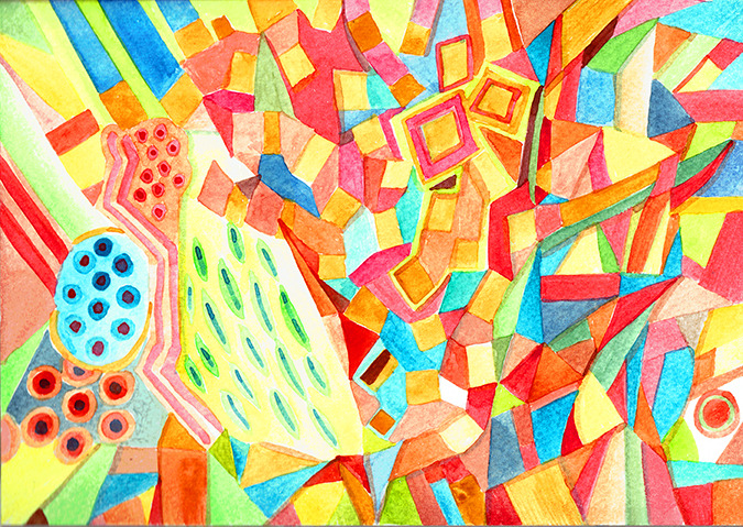 Abstraktes Aquarell aus bunten geometrischen Flächen und Punktmustern in Rot, Gelb, Blau und Grün