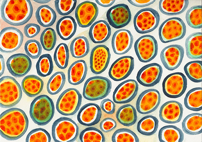 Aquarell mit zahlreichen ovalen Formen mit orangefarbenen und grünen Flecken auf weißem Grund