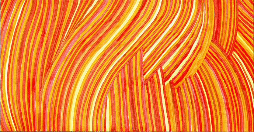 Aquarell mit vertikalen geschwungenen Streifen in Orange-, Rot- und Gelbtönen