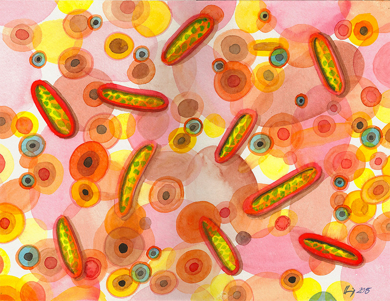 Aquarell mit länglichen grün gepunkteten Formen und bunten Kreisen auf rosa-orangem Grund