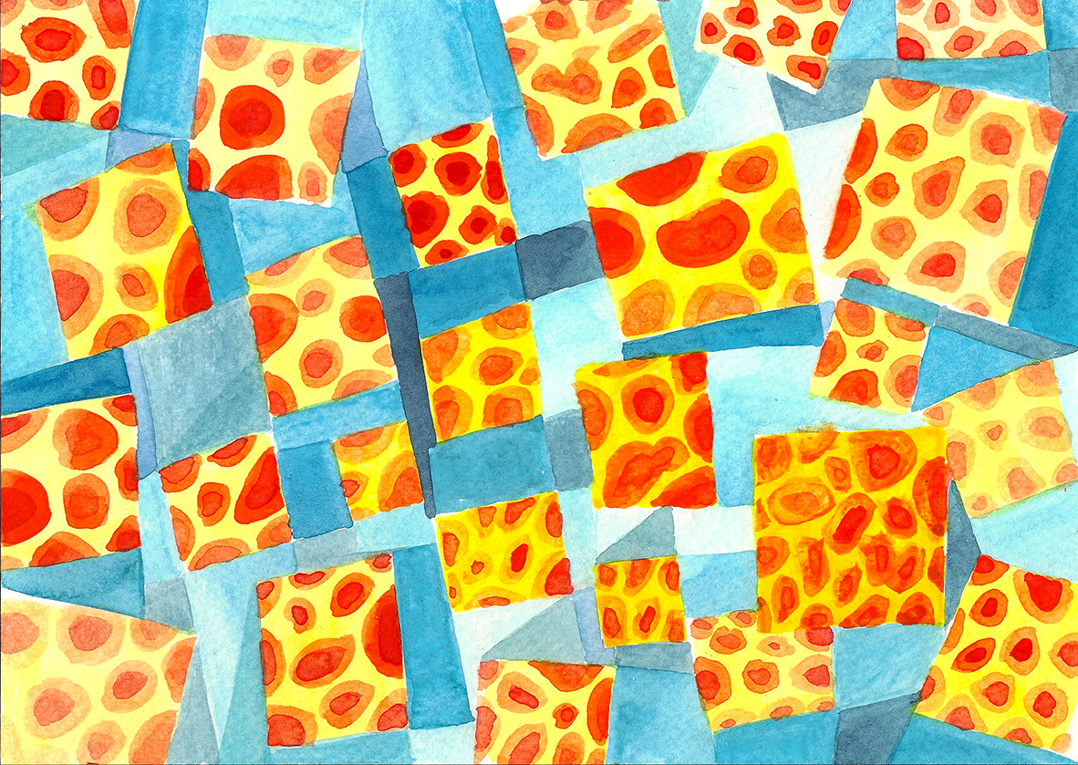 Aquarell mit versetzten gelben, orange gepunkteten Quadraten vor hellblauem Hintergrund