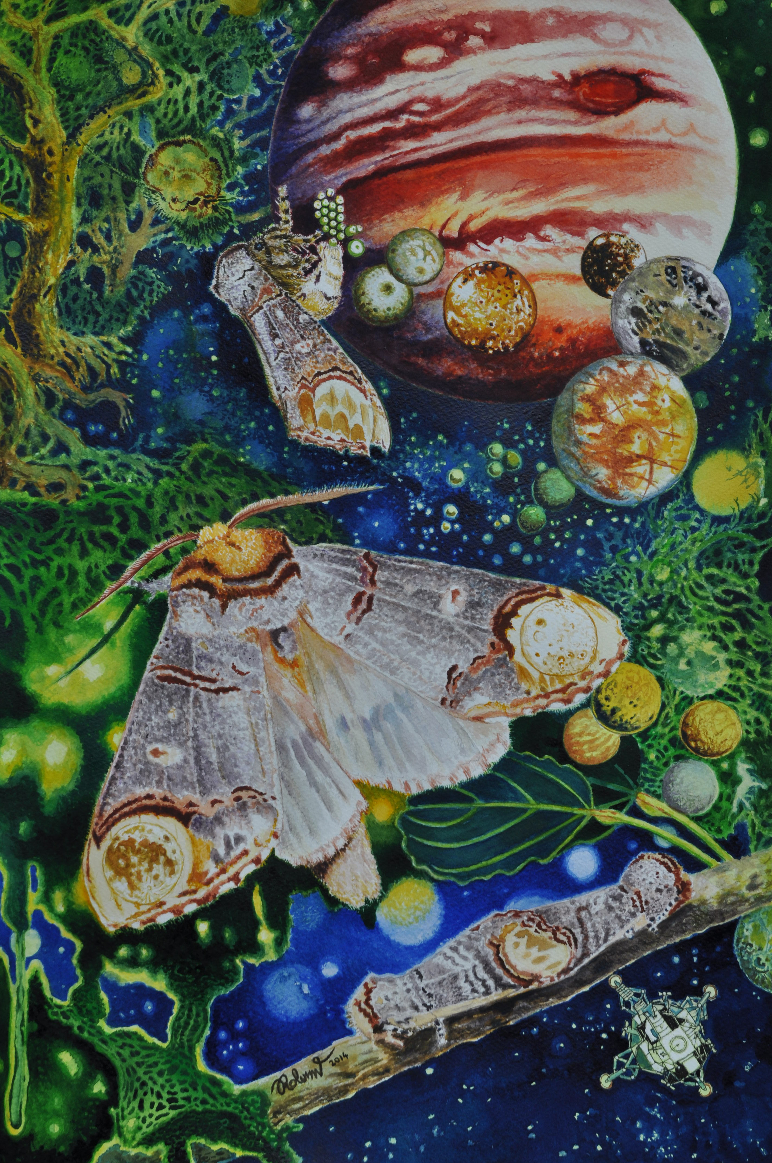 Aquarell zweier großer Nachtfalter vor einem üppig grünen Blattgewirr, im Hintergrund ein rötlicher Planet, Monde und ein Raumfahrzeug vor Sternenhimmel