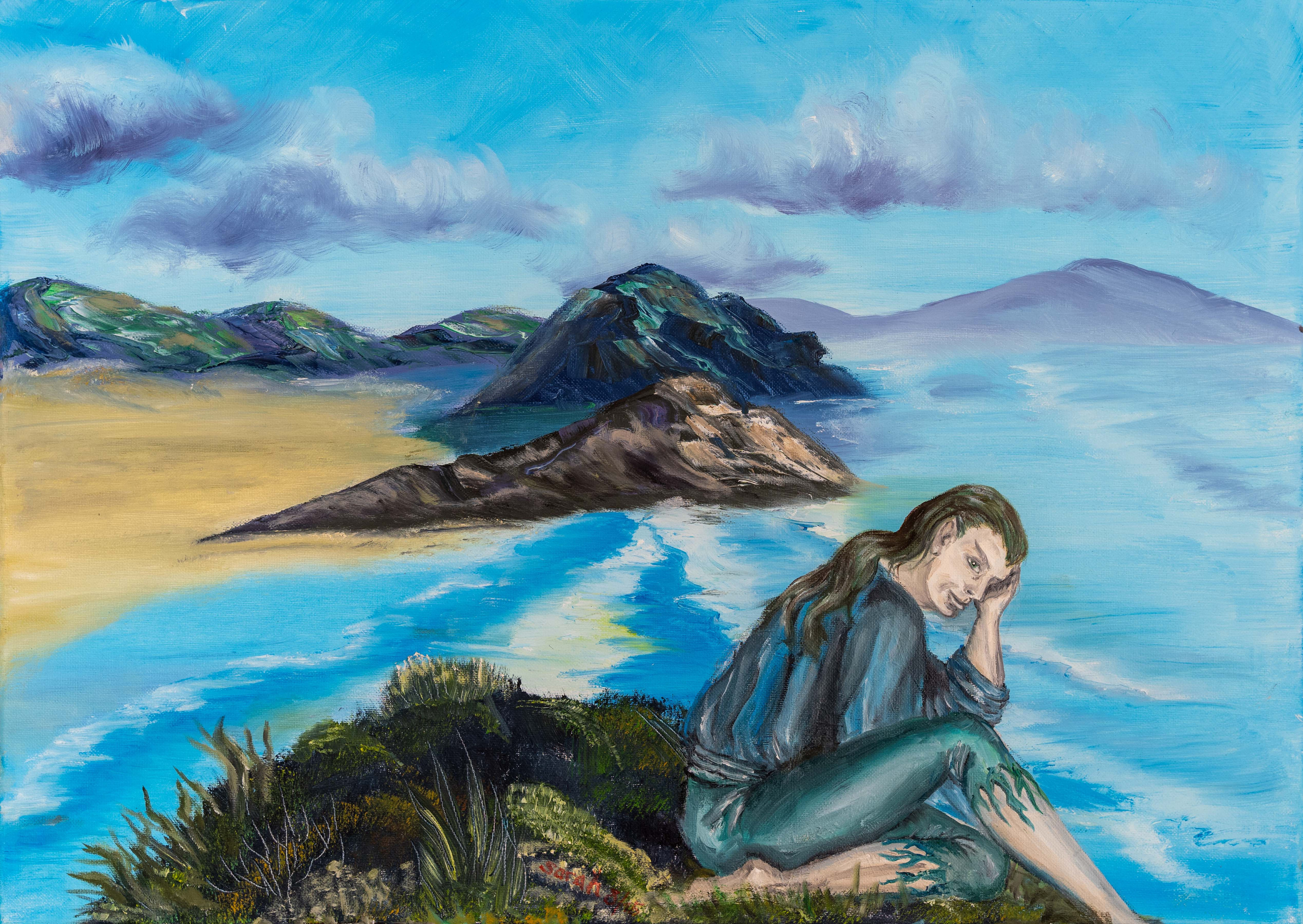 Sitzende Frau an einer Meereslandschaft