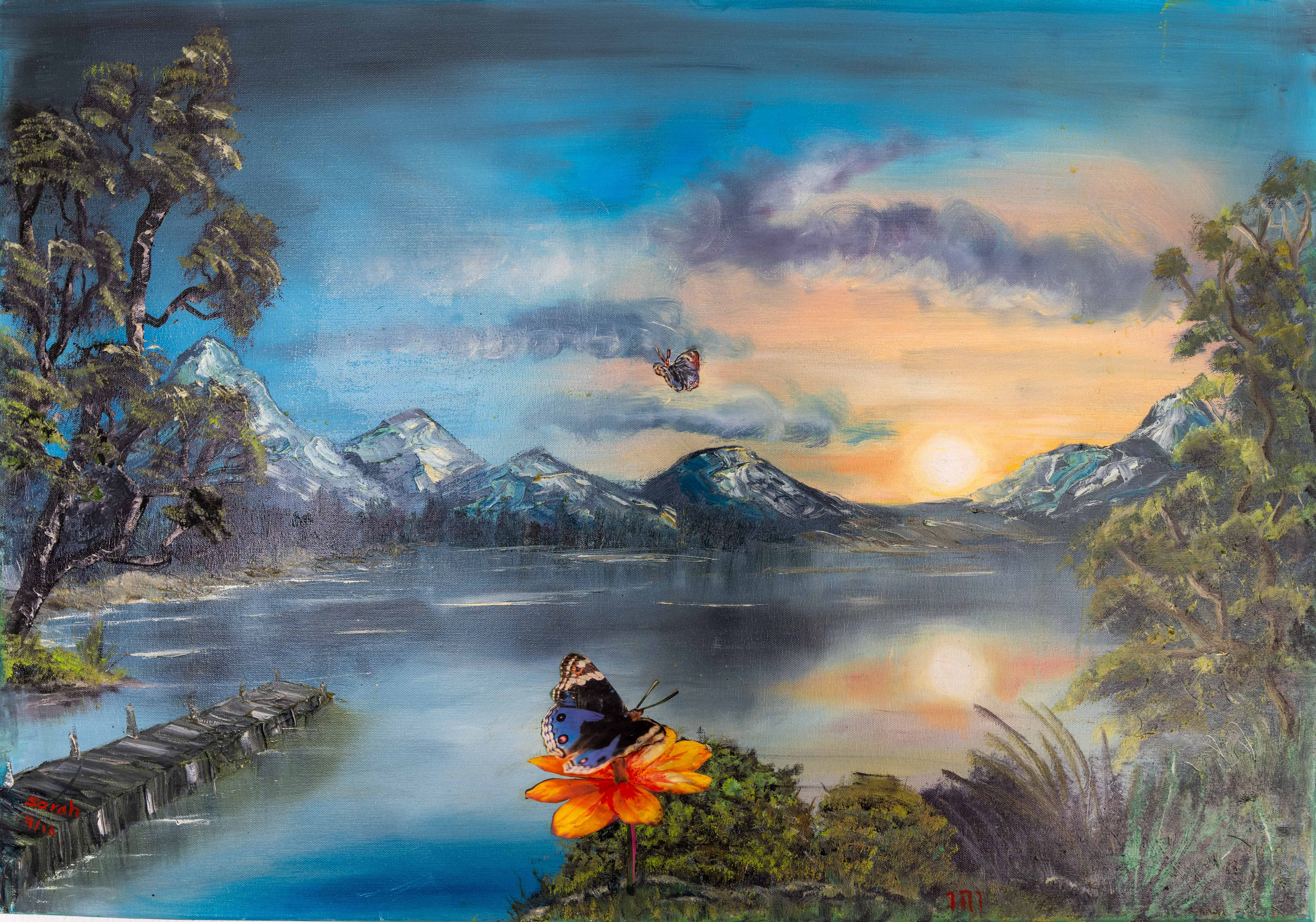 Seelandschaft bei Sonnenuntergang mit Vogelfigur
