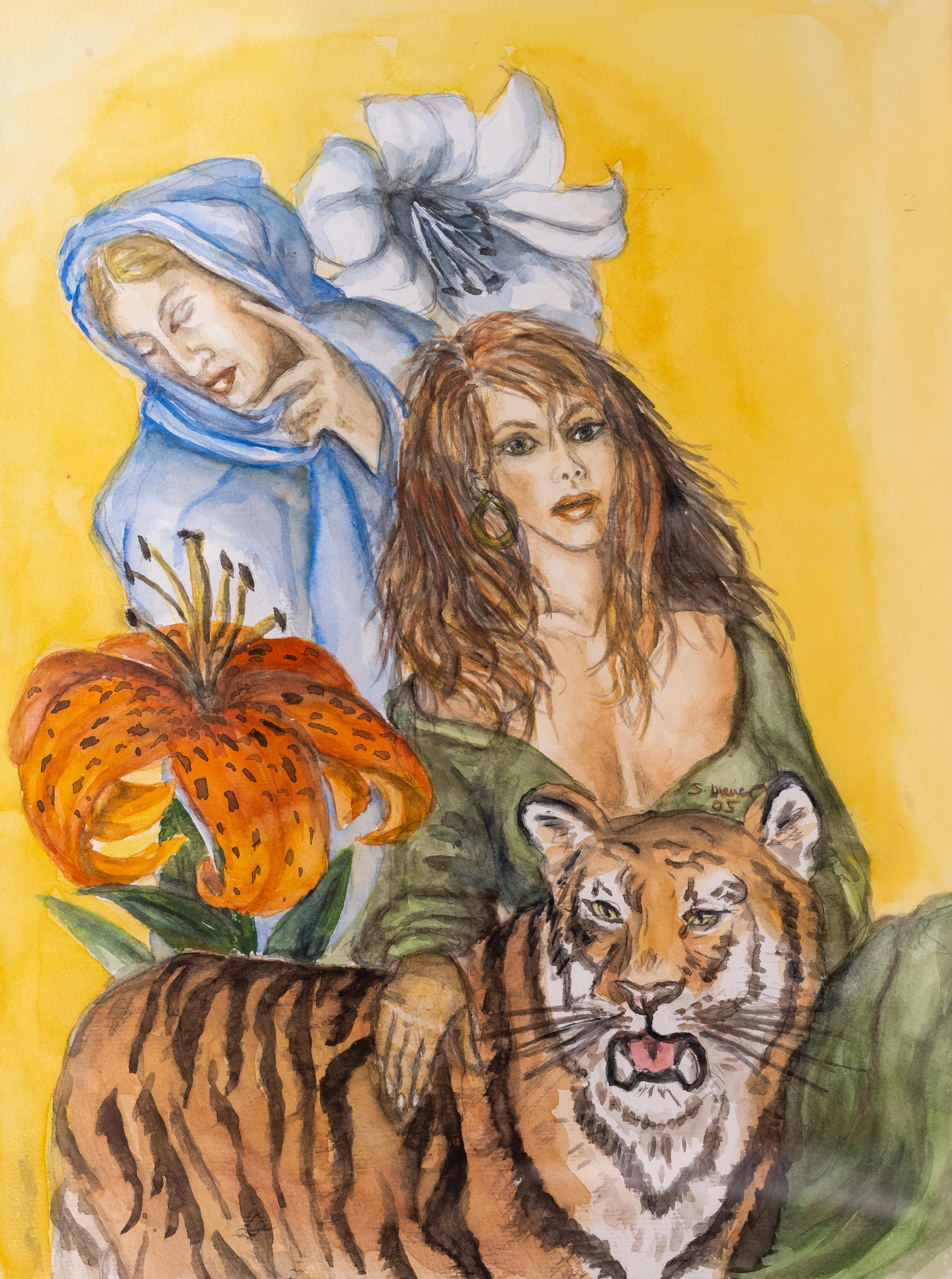 Religiöse Frauenfiguren mit Lilien und Tiger