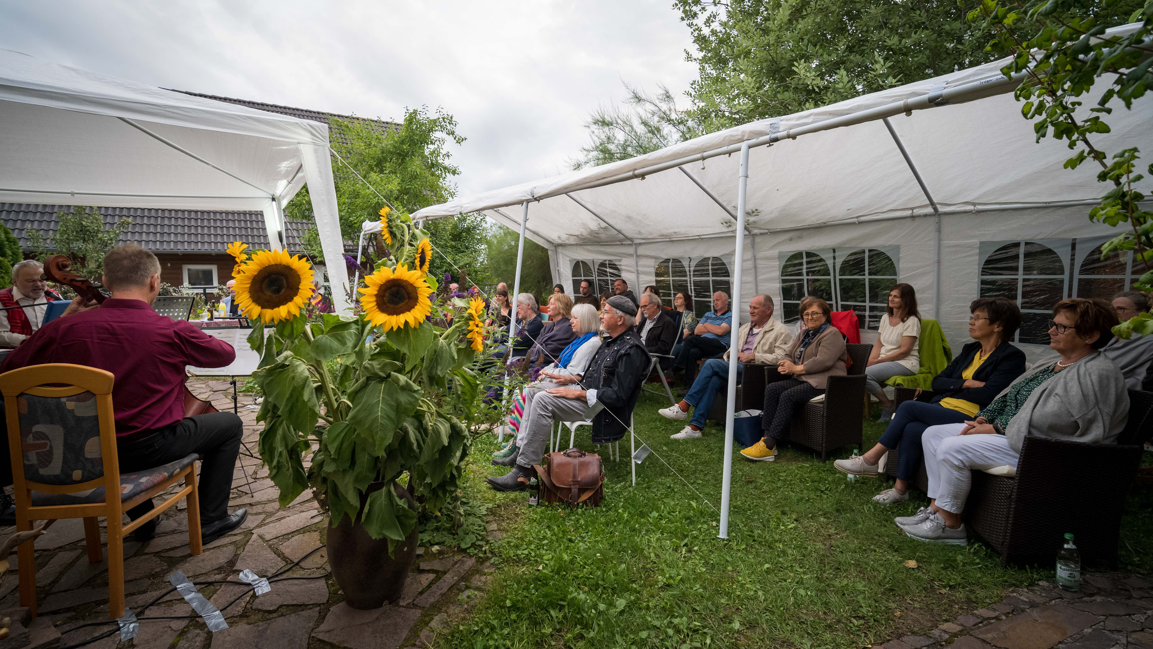 Zuschauer sitzen unter einem weißen Zelt vor einem Wohnhaus, im Vordergrund Sonnenblumen