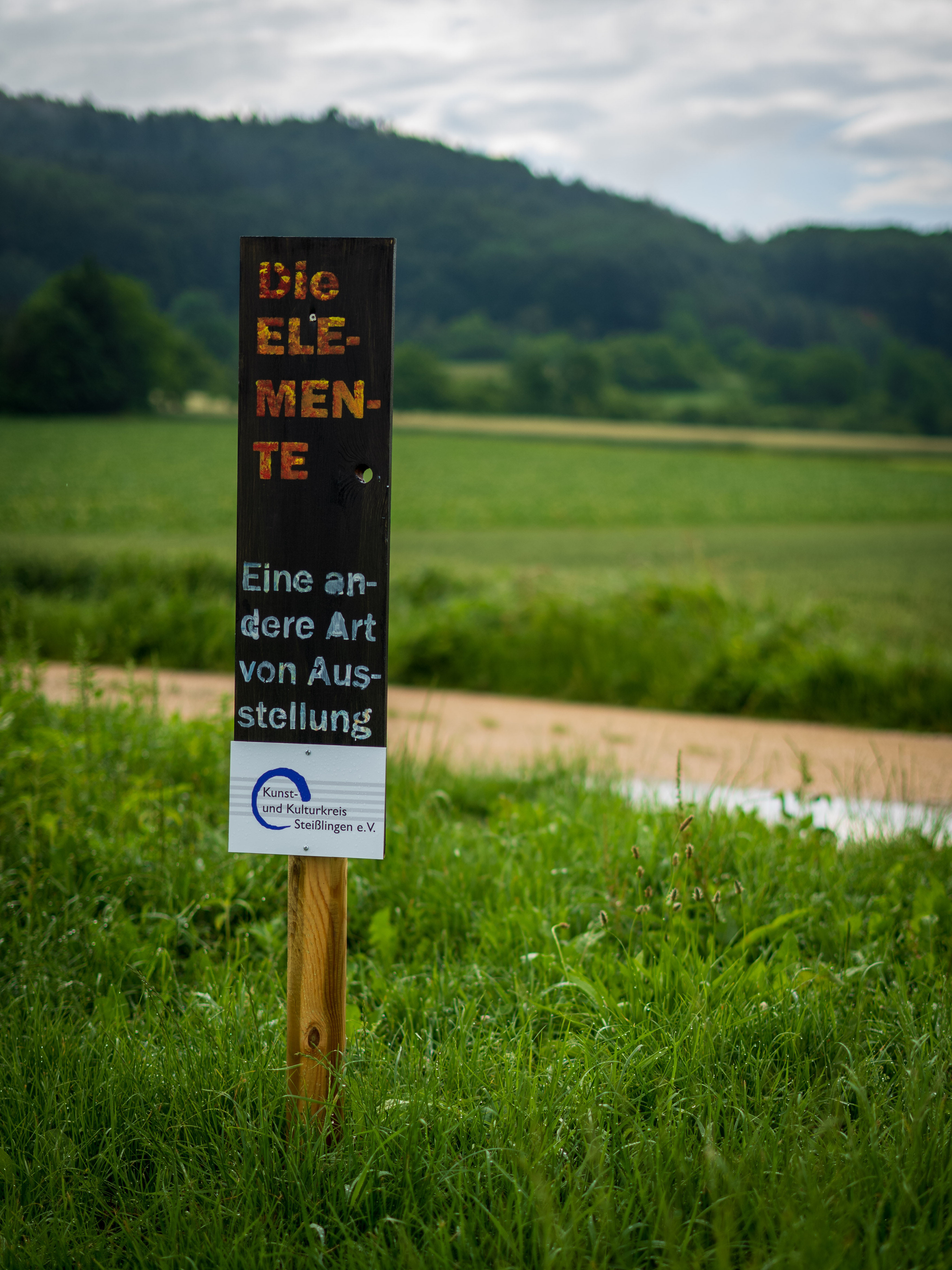 Hinweisschild „Die Elemente – Eine andere Art von Ausstellung" auf einem Holzpfosten in einer Wiese