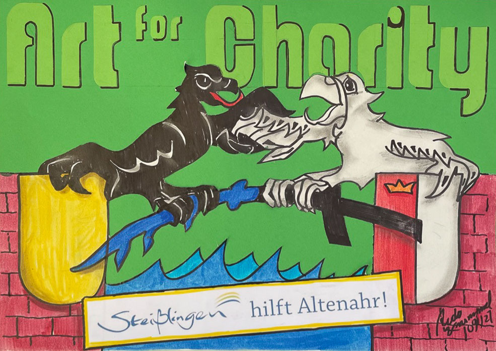 Comicartige Illustration mit zwei kämpfenden Tieren und dem Schriftzug „Art for Charity", darunter „Steißlingen hilft Altenahr!"