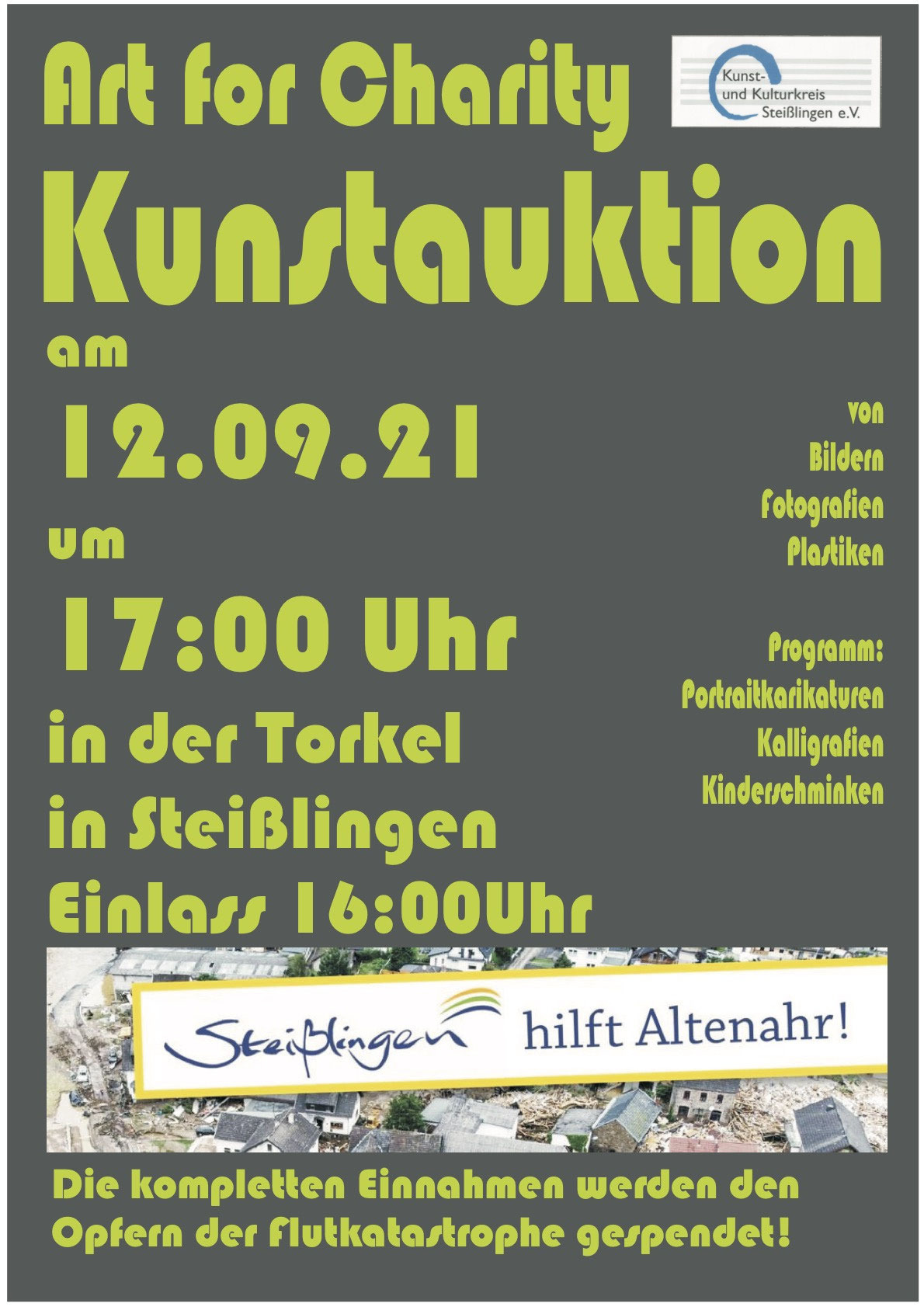 Ankündigungsplakat der Kunstauktion „Art for Charity" am 12.09.21 um 17:00 Uhr in der Torkel in Steißlingen, Einlass 16:00 Uhr